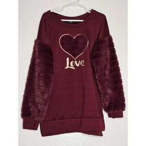 Amy Byer Girls Sweatshirt Size M 10-12‎ Burgundy Love Faux Fur EUC
